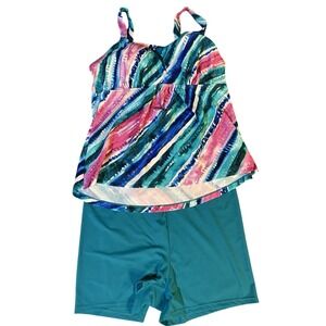 La Blanca Women Tankini Swimsuit 2Piece Sz 12 Striped Teal Top Shorts/Multicolor
